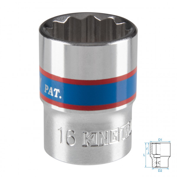 Головка торцевая стандартная двенадцатигранная 3/8", 16 мм KING TONY 333016M