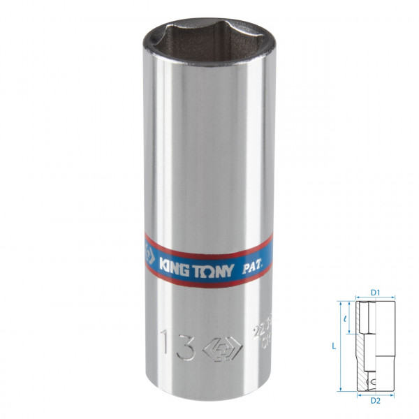 Головка торцевая глубокая шестигранная 1/4", 13 мм KING TONY 223513M