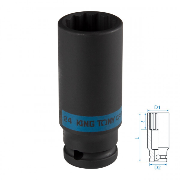 Головка торцевая ударная глубокая двенадцатигранная 1/2", 24 мм KING TONY 443024M