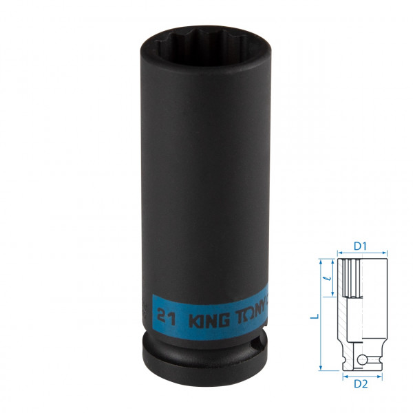 Головка торцевая ударная глубокая двенадцатигранная 1/2", 21 мм KING TONY 443021M