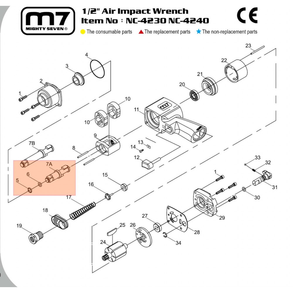 Ремкомплект для гайковерта NC-4230, ось стандартная MIGHTY SEVEN NC-4230T07