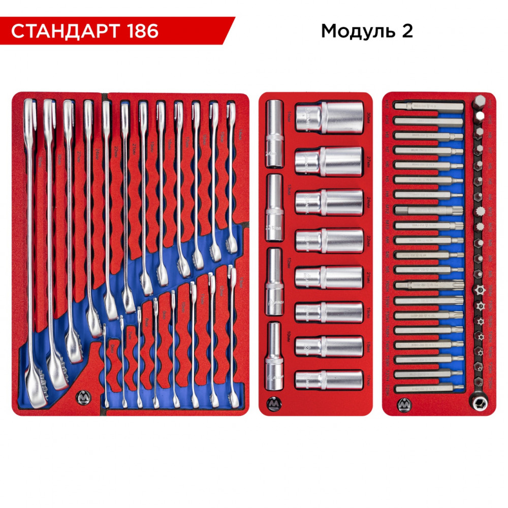 Набор инструментов 186 предметов, "СТАНДАРТ 186", в синей тележке МАСТАК 52-05186B