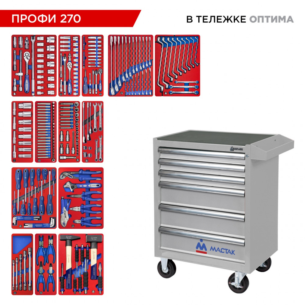 Набор инструментов 270 предметов, "ПРОФИ 270" в серой тележке МАСТАК 52-06270G