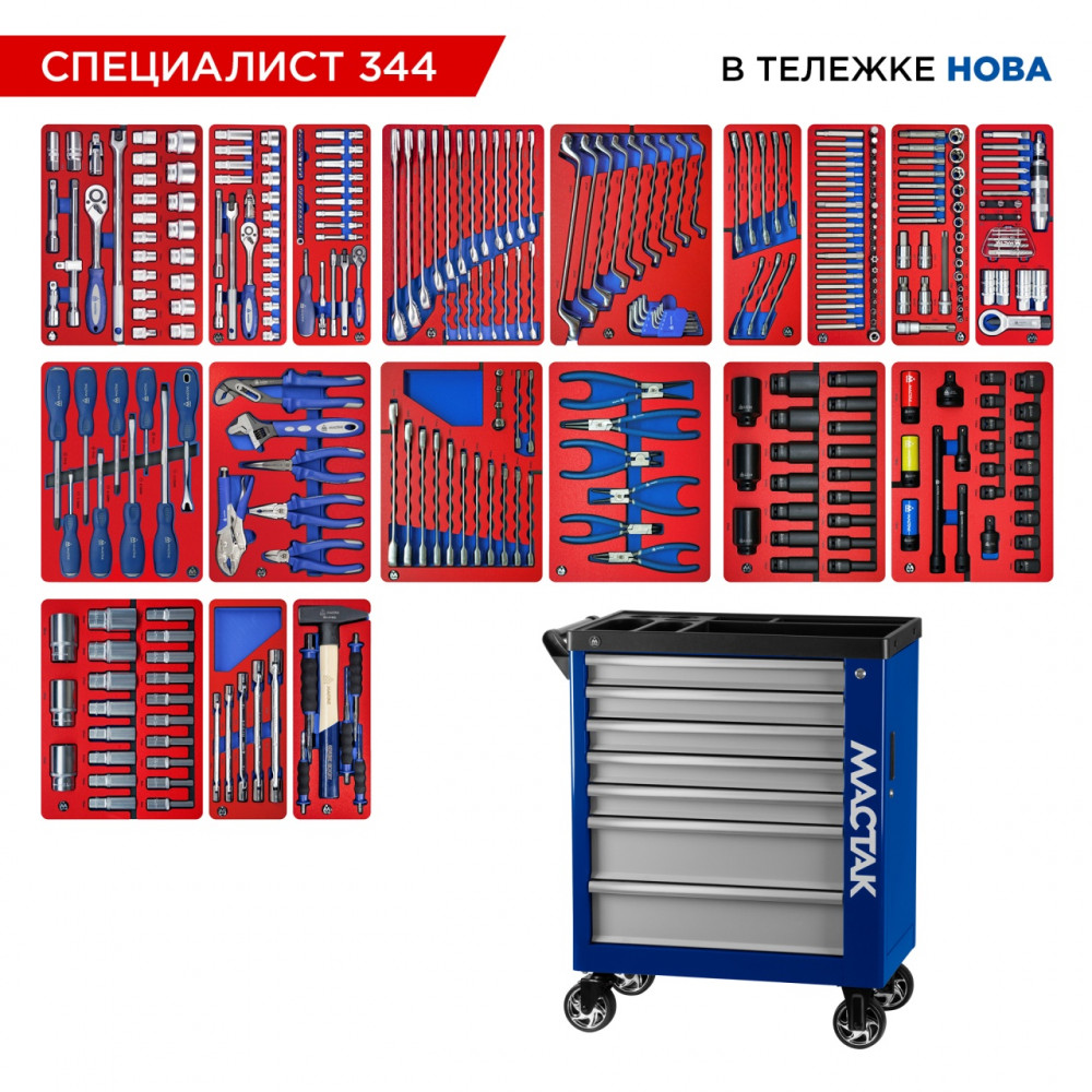 Набор инструментов 344 предмета, "СПЕЦИАЛИСТ 344", в синей тележке МАСТАК 50-07344B