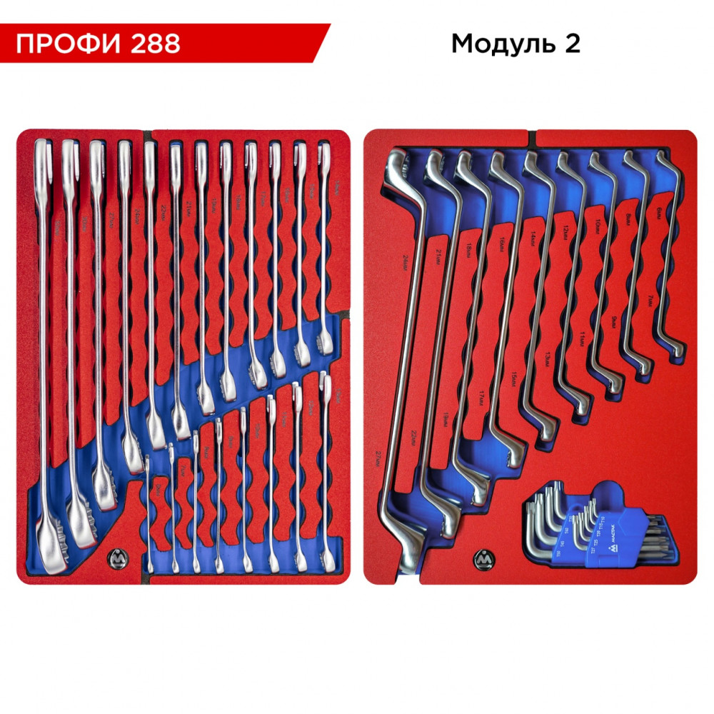 Набор инструментов 288 предметов, "ПРОФИ 288", для тележки, 13 ложементов МАСТАК 5-00288