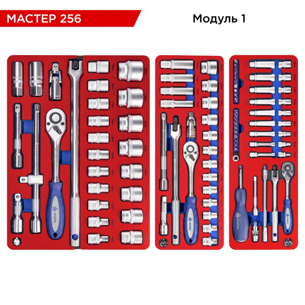 Набор инструментов 256 предметов, "МАСТЕР 256", для тележки, 11 ложементов МАСТАК 5-00256
